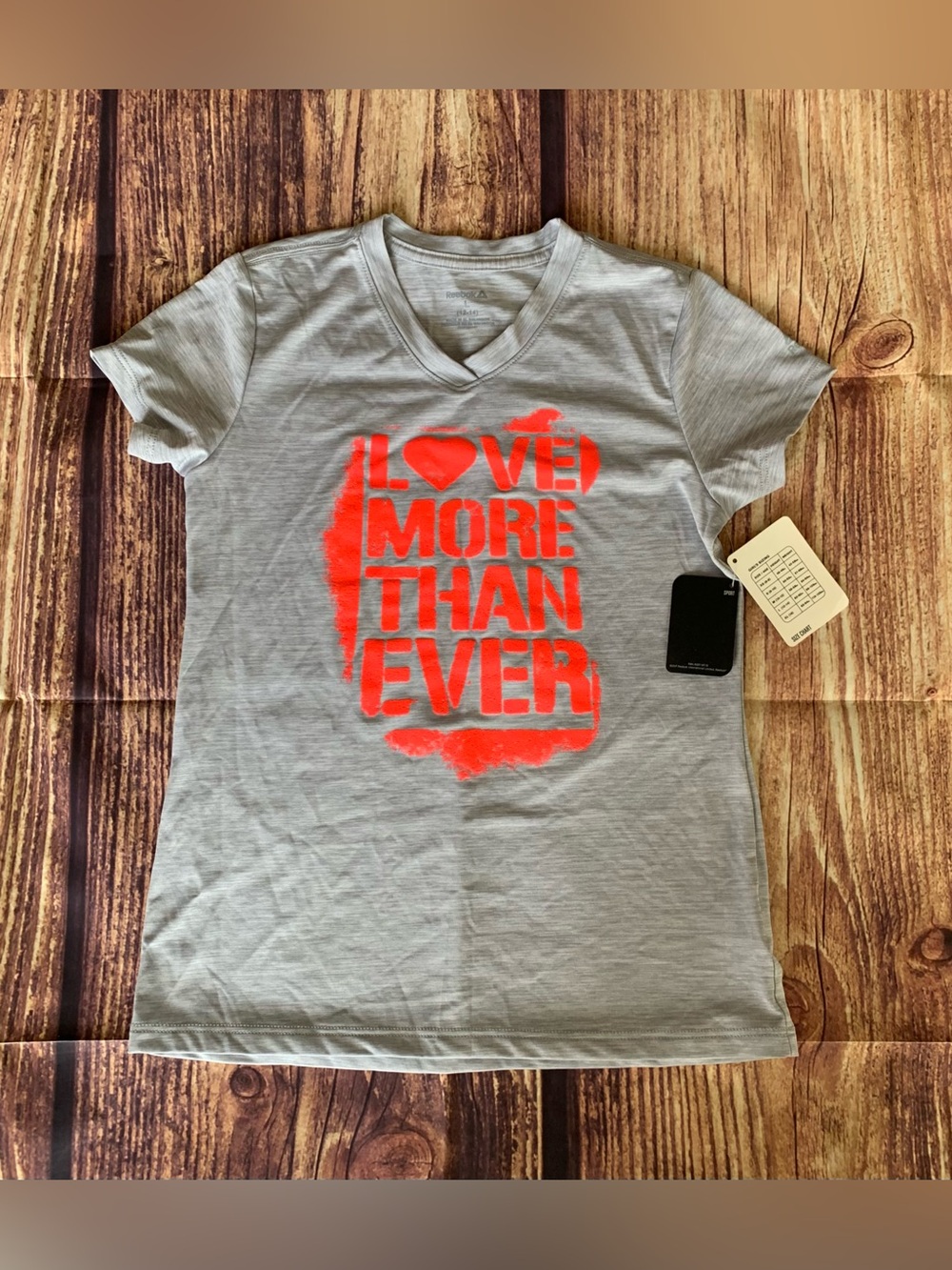 NWT Reebok Girl's Short Sleeve V-Neck Love More Than Ever Gray Top Sz: L 12-14